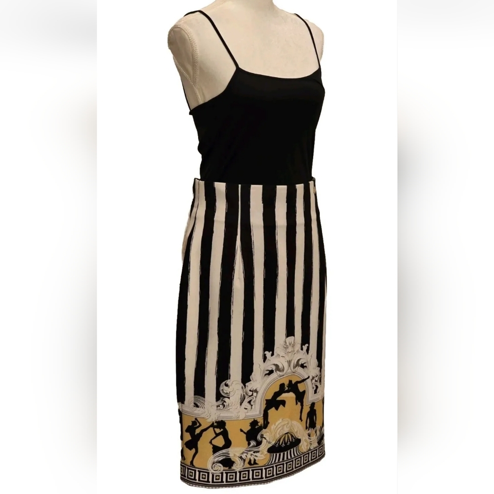 Versace Collection Baroque Greek Key Black Gold Stripe Fully Lined Midi Skirt - Picture 6 of 15